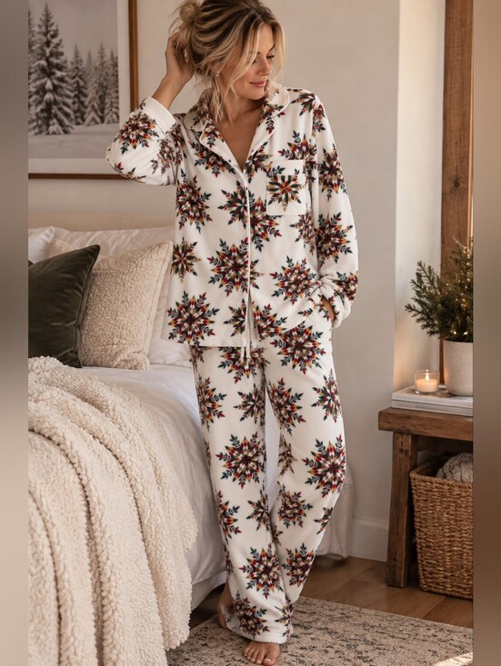 La Vie En Rose Other - La Vie en Rose Women’s Holiday Fleece Pajama Set Ivory Multicolor Size M